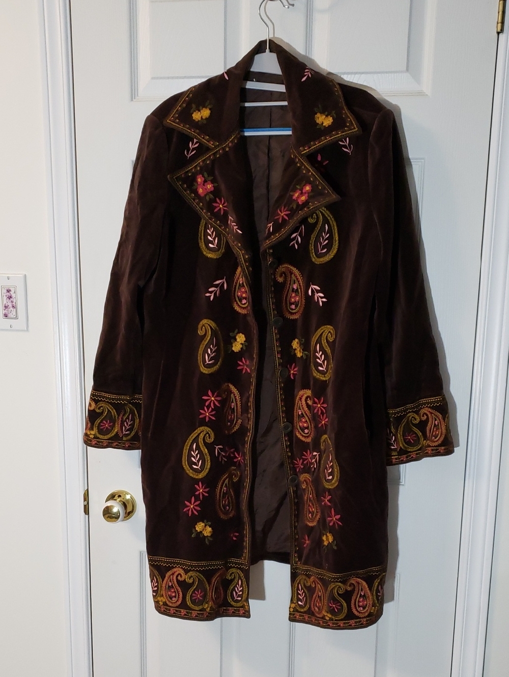 Women's Brown Embroidered Velvet Trench Coat